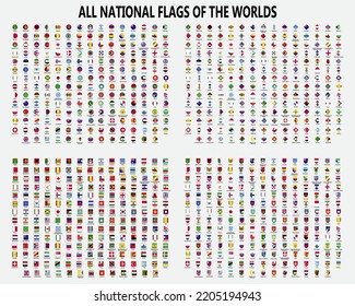 All national flags of the worlds.Different Styles: Circle, Square, Rectangle - Vector Flat Icons