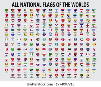 All national flags of the worlds.Flags of the world in heart form. Big set heart with flags of different countries.

