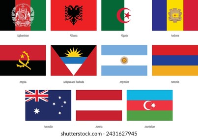 All national global flags starting with the letter "A". Round flags, circular design. High quality vector flags isolated on white background.