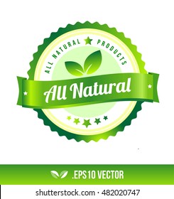 All Natural Badge Label Seal Stamp Logo Text Design Green Leaf Template Vector Eps