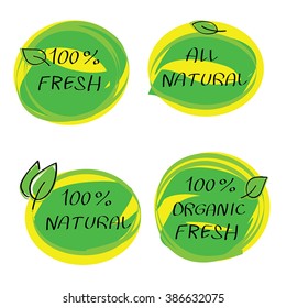 All Natural Fresh - Set Vector Hand Drawn Sticker Labels - Eco Bio Healthy Food Logo Label Templates With Leaf. Green And Yellow Circle Stickers, Tags, Company Branding Element. Organic Food Badges. 