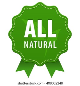 All Natural Green Label With A Seam And Ribbons Icon Isolated On White Background. Organic Product Ingredients. Vector Illustration