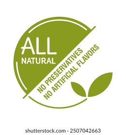 All Natural label - No Preservatives no artificial Flavors - two options in single sticker for healthy products composition. Green stamp, semicircle shape