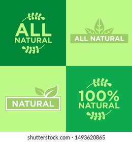All natural logo set isolated on green. 100% natural ingredients and food concept. Healthy. Vector illustration EPS 10