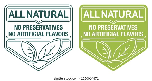 All Natural - No artificial Preservatives and Flavors - sticker for healthy products composition. Flat green vector badge