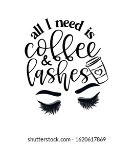 All I need is coffee and lashes - Vector eps poster with eyelashes and latte. Brush calligraphy isolated on white background. Feminism slogan with hand drawn lettering.