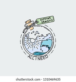 All I need. Vintage illustration of thin line magic bottle with summer dreams. Vector graphic design logo, print, label, badge, sticker, emblem, sign, identity.
