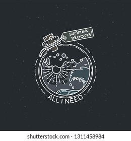 All I need. Vintage illustration of thin line magic bottle with summer dreams. Vector graphic design logo, print, label, badge, sticker, emblem, sign, identity.