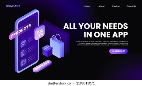 All Needs in one App. Online Shopping Website. Landing Page Template. Vector illustration