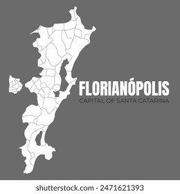 Florianópolis and all its neighborhoods on a simple and complete map. Capital of Santa Catarina, in southern Brazil, in detail, constructed from official cartographic data.