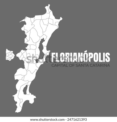 Florianópolis and all its neighborhoods on a simple and complete map. Capital of Santa Catarina, in southern Brazil, in detail, constructed from official cartographic data.