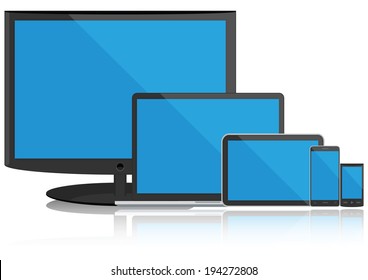 All New age electronic device (Notebook,tablet,LCD TV,Smart phone and MP3 player) with blue screen vector on white background.(Arrange from big to small pattern)