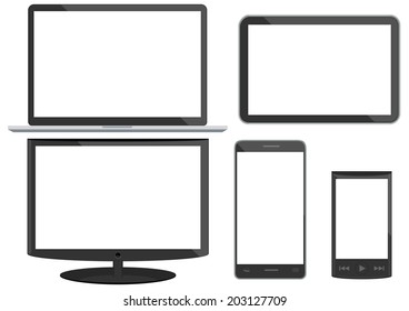 All New age electronic device (Notebook,tablet,LCD TV,Smart phone and MP3 player) with blank screen vector on white background.