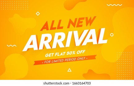 All New Arrival Banner Design with Get 50% Off on Orange Abstract Background for Advertising Concept.