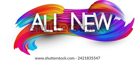 All new paper word sign with colorful spectrum paint brush strokes over white. Vector illustration.