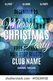 All night Merry Christmas party bright neon color poster. Vector modern template for your design
