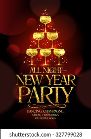 All night New Year party poster with chic golden headline and golden stack of champagne glasses, in form of spruce decorated sparkling stars, vector illustration.