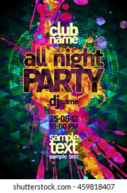 All night party abstract poster mock up, polygon and  vibrant blots, copy space for text