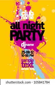 All night party design mock up, bright yellow with vibrant blots, place for text