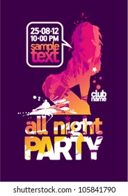 All Night Party design template with fashion girl and place for text.