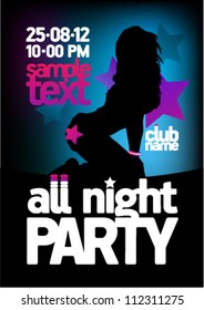 All Night Party design template with fashion girl and place for text.
