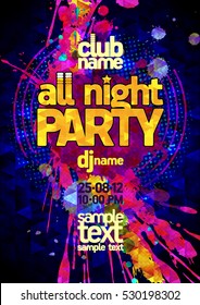 All night party poster concept, vibrant pink and yellow blots, modern text, copy space for text