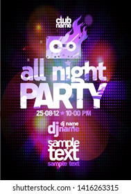 All night party poster design concept with place for text and disco lights