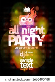 All night party poster mock up design concept with music casette symbol and disco lights