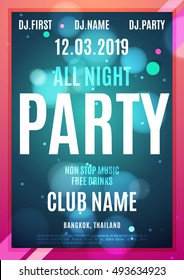 All night partybright neon color poster. Vector modern template for your design