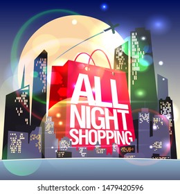 All night shopping, sale poster design concept with night shining city and huge paper bag