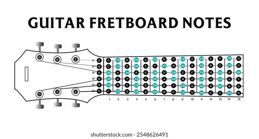 All the notes on the guitar fretboard shown by different color and name, Learn Guitar Notes, guitar music notes vector illustration, Schematic view of a guitar fretboard with each notes, infographics