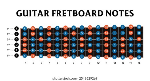 All Notes on Guitar,  Names of guitar strings and notes on Guitar frets, Basic progression Chords, learn Notes on Fretboard Diagram, Notes Names on the Guitar chart, vector illustration drawing