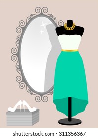 All occasion green skirt and white top in front of decorative vintage frame mirror. Woman wardrobe accessories set, dress on mannequin, necklace and high heel shoes. vector art illustration, isolated