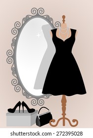 Todo ello con un pequeño vestido negro delante del espejo de marco vintage decorativo. Accesorios para armarios de mujeres, vestidos en un maniquí, bolso de señora, zapatos altos en la caja. ilustración de arte vectorial, aislado