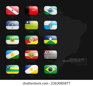 All Official Flags of Brazilian States 3D Vector Rounded Glossy Icons Set Isolated On Background Part 2. Brazil First-Level Administrative Divisions Bright Vivid Colour Bulging Buttons Design Elements