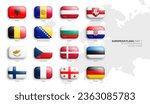 All Official Flags of European Countries 3D Vector Rounded Glossy Icons Set Isolated On White Background Part 1. Insignia of Europe Bright Vivid Colour Shiny Bulging Buttons Design Elements Collection