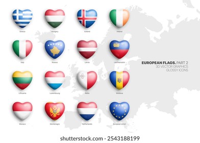 Todas as bandeiras oficiais dos países europeus Vetor 3D Coração Ícones Brilhantes Conjunto Isolado No Fundo Branco Parte 2. Europa Insignia brilhante cores vívidas brilhante coração em forma de distintivos Design Elements Bundle