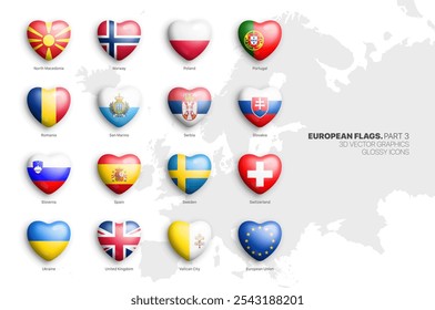 All Official Flags of European Countries Vector 3D Heart Glossy Icons Set Isolated On White Background Part 3. Europe Insignia Bright Vivid Colour Shiny Heart Shaped Badges Design Elements Bundle