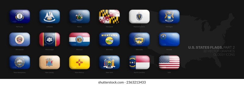 All Official Flags of US States 3D Vector Rounded Glossy Icons Set Isolated On Background Part 2. United States of America Illustration Bright Vivid Colour Buttons Design Elements Clip Art Collection