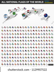 All official national flags of the world . GPS navigator location pin on perspective earth map in white background . Vector .