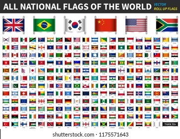 All official national flags of the world . Roll up design . Vector .