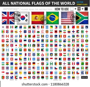 All official national flags of the world . Old stamp shape design with scratch and abrasion texture . You can apply and edit these elements ( 3 main object are texture , flag and shadow  ). Vector .