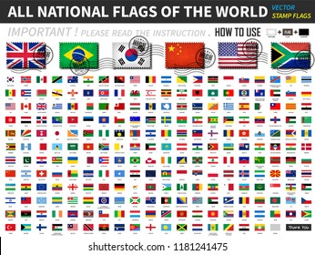 All official national flags of the world . Old stamp shape design with scratch and abrasion texture . You can apply and edit these elements ( 3 main object are texture , flag and shadow  ). Vector .