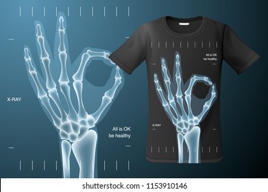 All is Ok sign, x-ray of human hand, t-shirt design, modern print use for sweatshirts, souvenirs and other uses, vector illustration.