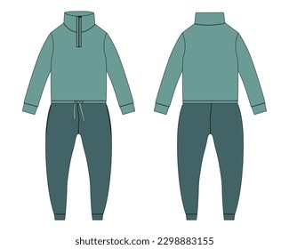 All in one bodysuit Jogger sweatpants with sweatshirt tops technical fashion flat sketch vector illustration template front and back views