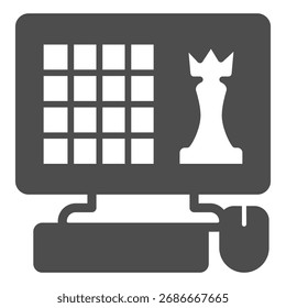 Tudo em um computador com o ícone sólido do aplicativo do jogo, conceito de xadrez online. Gráficos vetoriais. Sinal de jogo no fundo branco, ícone de estilo de glifo para design móvel ou web