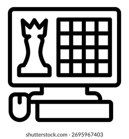 All in one computer with game app line icon, online chess concept. Vector graphics. Gaming sign on white background, outline style icon for mobile or web design
