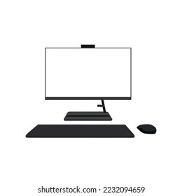 Todo en un vector de computadora, icono Tecnología. PC de escritorio. Monitores. Teclado y ratón inalámbricos. Diseño plano. Símbolo. Iconos. Logotipos. Concepto. Juegos de PC. trabajo pc. Para Web. Catálogo. Y volantes.