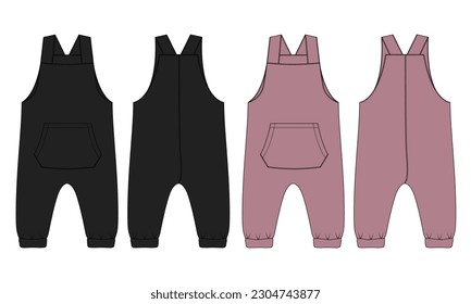 All in one dungaree bodysuit technical drawing fashion flat sketch vector illustration black and khaki color template for kids