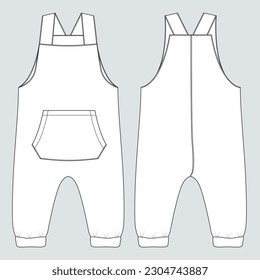 All in one dungaree bodysuit technical drawing fashion flat sketch vector illustration template for kids